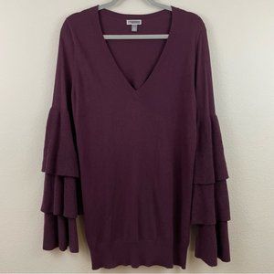 Chelsea28 Ruffles Sleeve Cashmere Blend V Neck Burgundy Tunic Sweater Si…